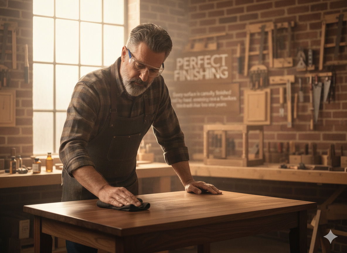 Final finishing touches on custom furniture